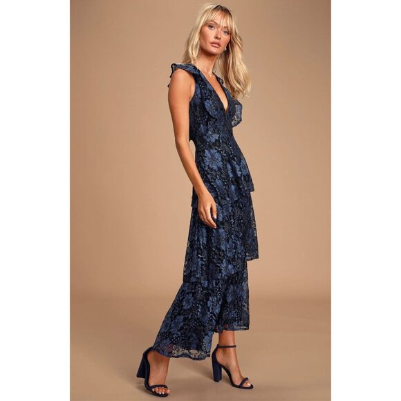 NWT Lulus Molinetto Navy Blue Lace Ruffled Tiered Sleeveless Maxi Dress XL - Picture 2 of 13